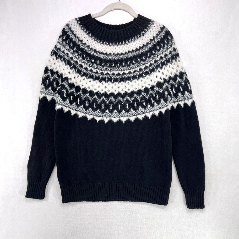Talbots Sweater Women M Black White Fair Isle Wool Blend Nordic Boho Cozy Warm